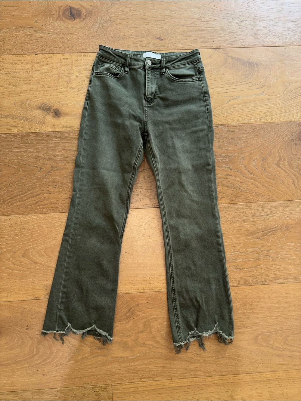 Women's Green Jeans with Raw Frayed Hem
